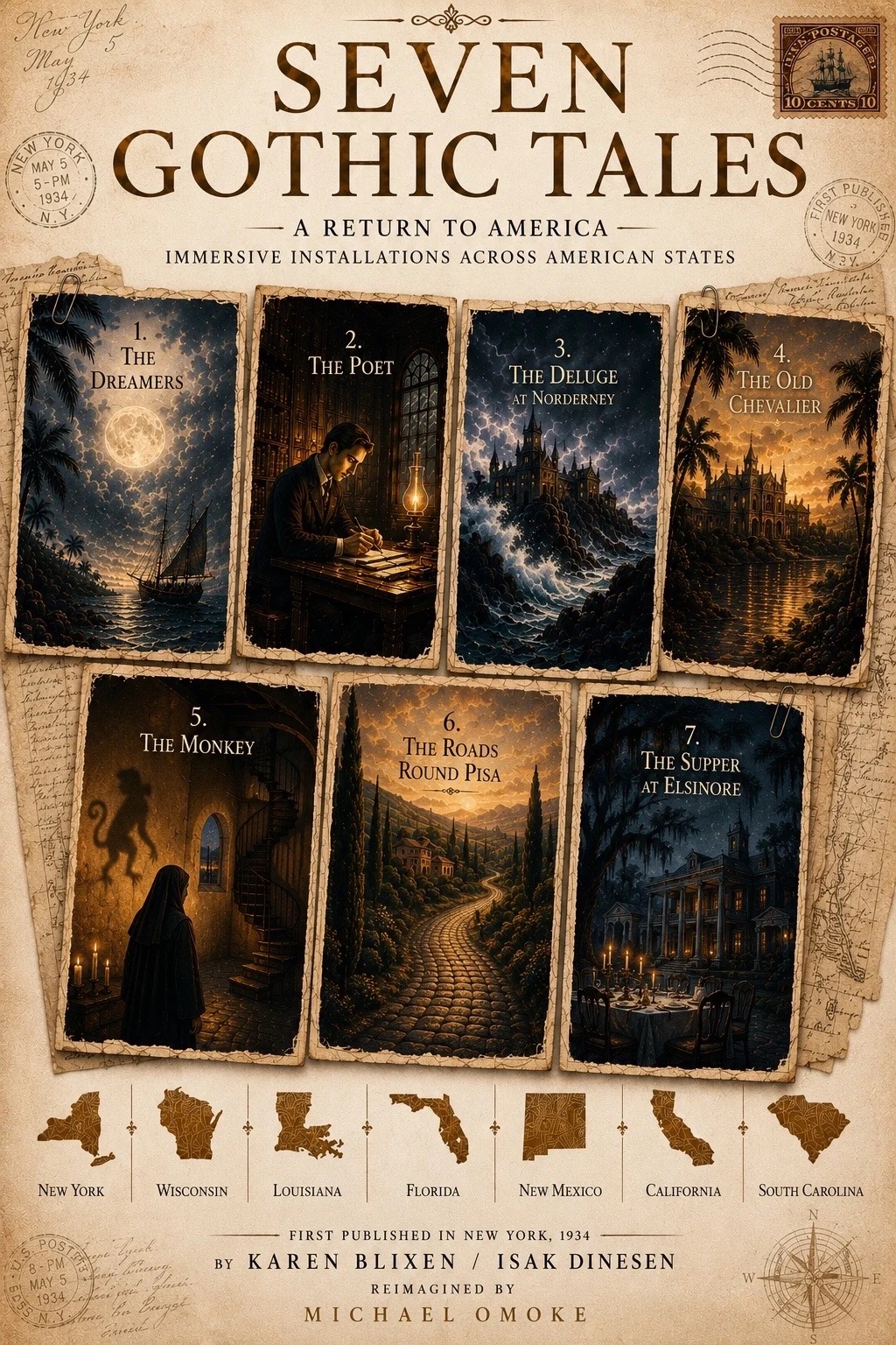 Seven Gothic Tales — A Return to America poster showing the seven immersive installations across carefully selected U.S. states